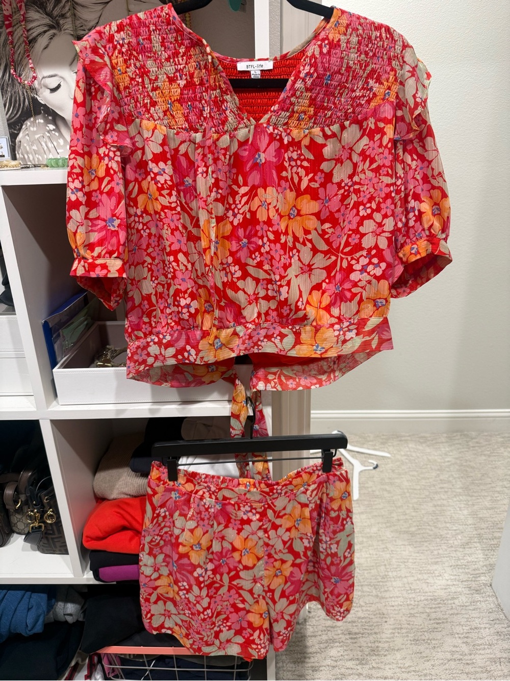 Stylish Pink Floral Tie-Front set  - Women